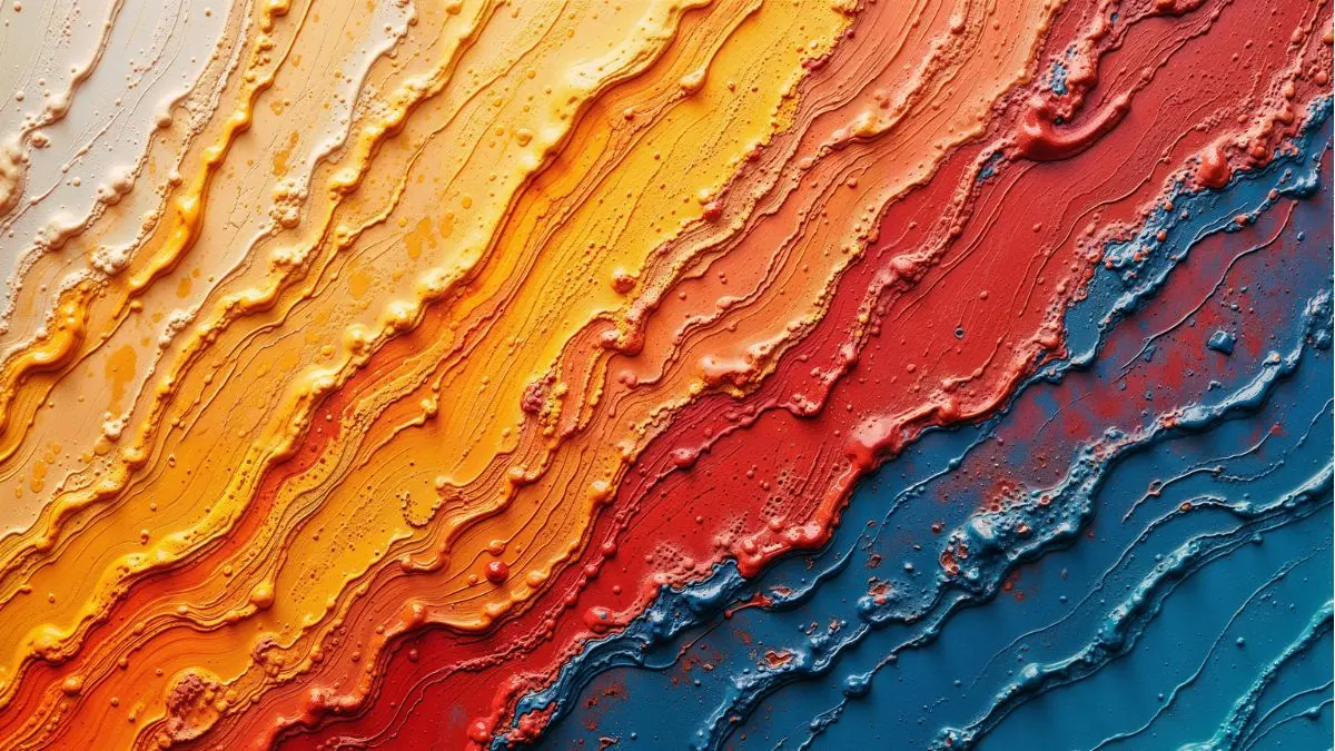 Close-up of thick diagonal bands of cream, yellow, orange, red and blue paint