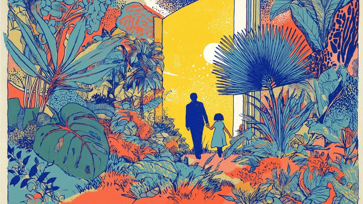 Illustration of an adult and child walking hand in hand through dense foliage toward a bright doorway