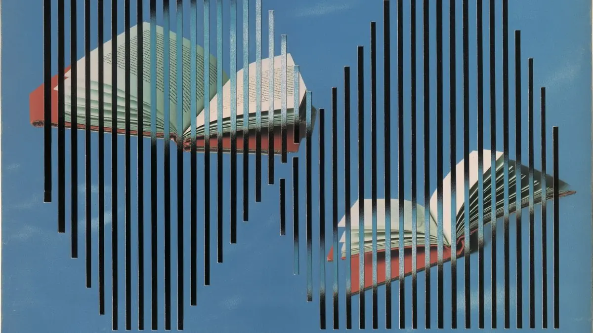 Collage of two open books floating against a blue sky behind vertical black bars