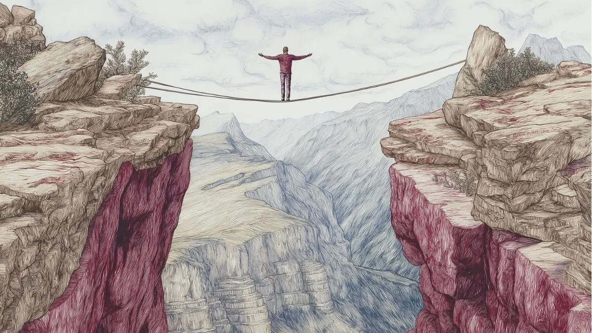 Pen-drawn illustration of a person balancing on a tightrope strung between two cliffs above a canyon