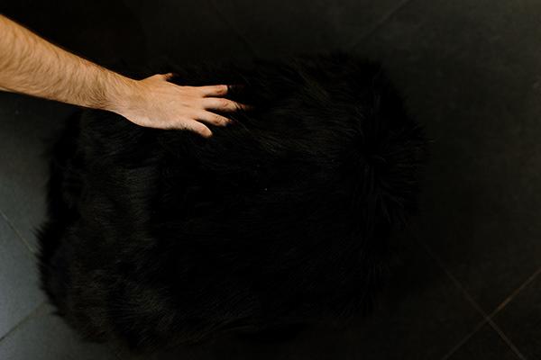 A hand reaching toward a dark textured surface