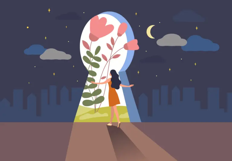 Discovery yourself. Dream self freedom. Find emotions inside. Belief and identity development. Mental improvement. Door keyhole. Unknown way portal. Psychology concept. Vector illustration